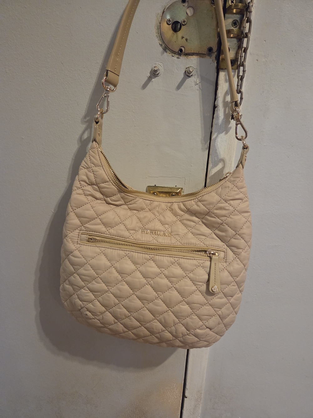 Mz Wallace Sienna Quilted Shoulder Bag in Beige Cream with Gold Hardware
